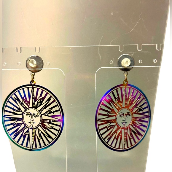 Sun Face Holographic Oil Slick Dangle Earrings - Picture 2 of 3